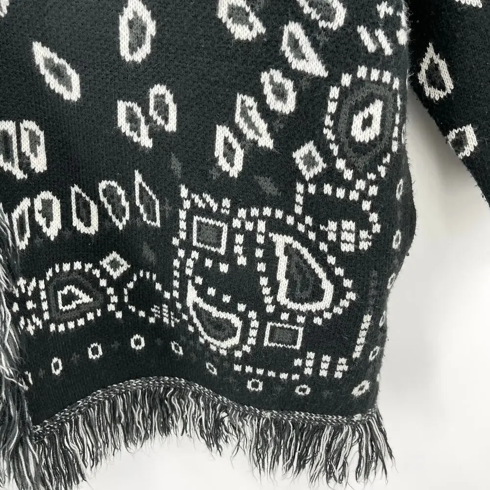 Made in Italy | Black White Paisley Jacquard Knit Fringe Cardigan *no belt* S